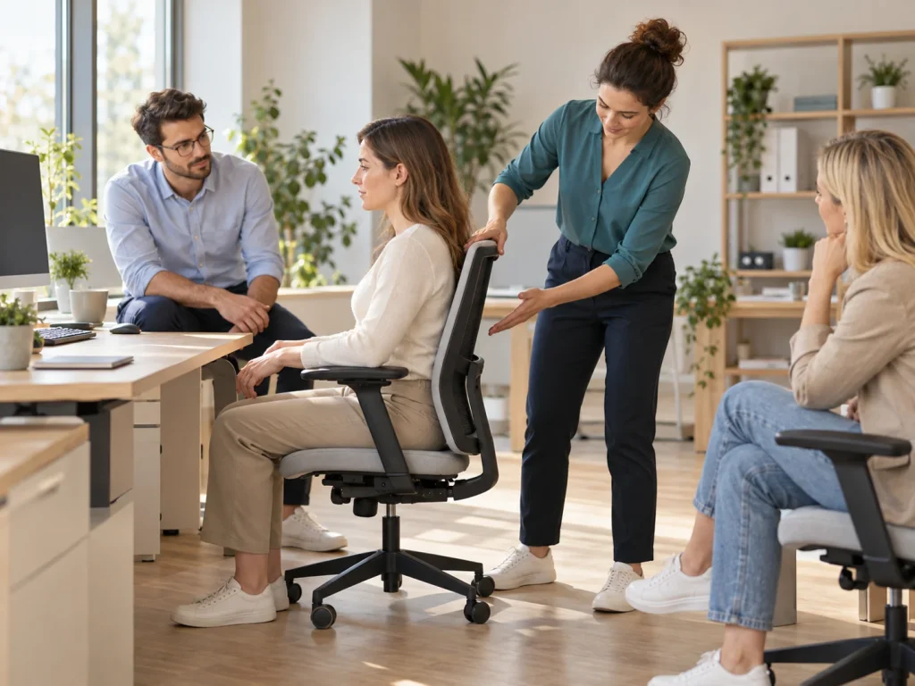 Fizjoterapeutka pokazuje pracownikom zasady ergonomicznego siedzenia przy biurku.